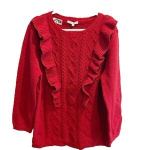 See and Be Seen Womens Red Sweater L Ruffle Front Knit Pullover Long Sleeve NWT